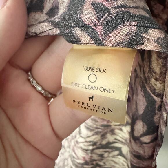 Peruvian Connection 100% Silk Leaf Print Long Sleeve Collared Tunic Size Large - Picture 10 of 13